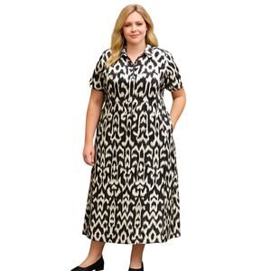 Talbots Black & White Ikat Print Button-Front Midi Dress Size 16